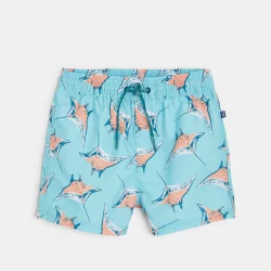 Swim trunks with a "Manta Ray" print
