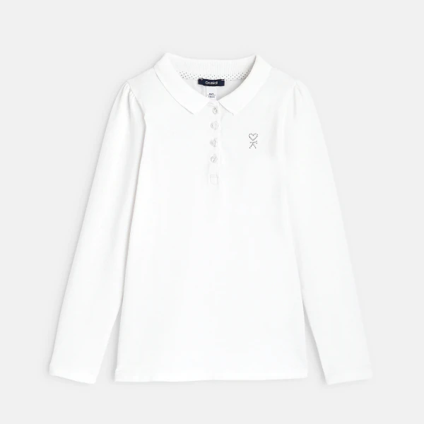 Polo uni manches longues blanc fille