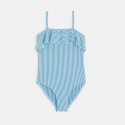 Maillot de bain 1 pièce rayé volanté bleu fille