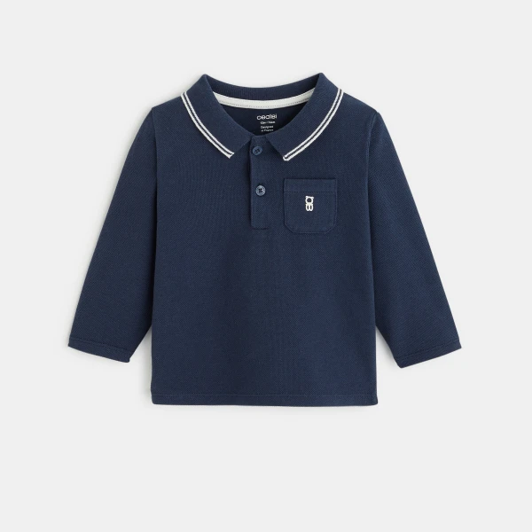 Polo piqué uni manches longues bleu bébé garçon