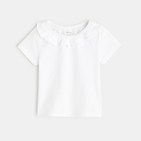 T-shirt col volanté maille fantaisie blanc bébé fille T-shirt col volanté maille fantaisie blanc bébé fille