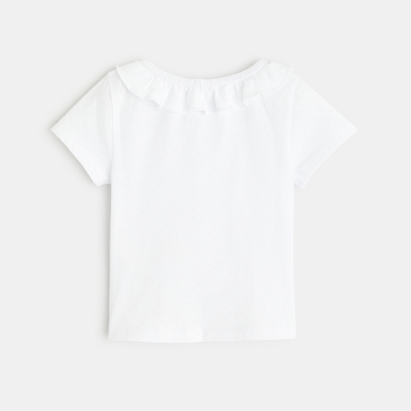 T-shirt col volanté maille fantaisie blanc bébé fille T-shirt col volanté maille fantaisie blanc bébé fille
