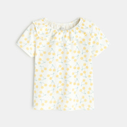 T-shirt col volanté maille fantaisie jaune