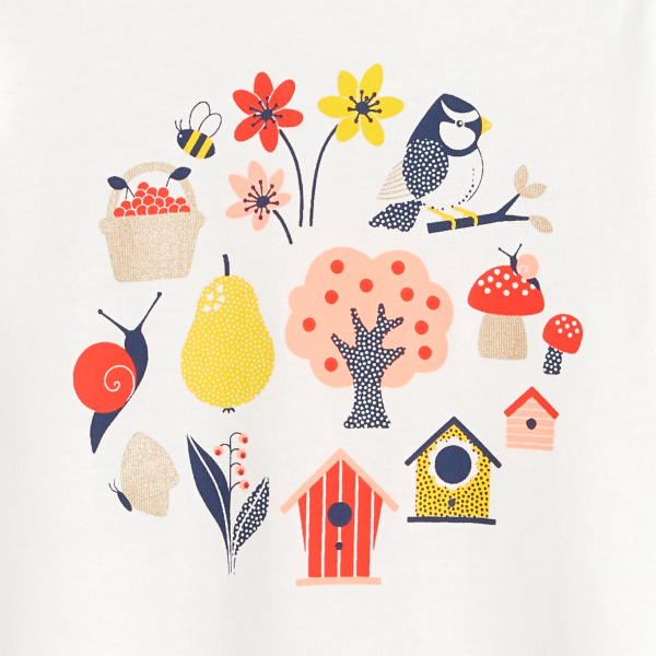 T-shirt impression oiseaux et jardin blanc bébé fille