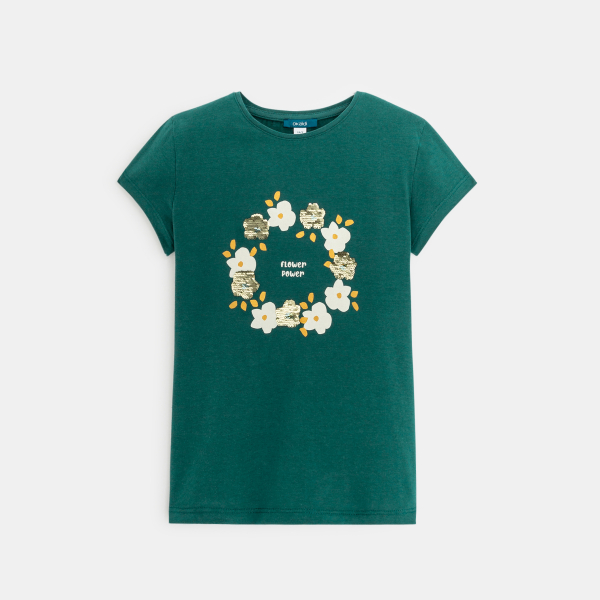 T-shirt à fleurs et sequins vert Fille T-shirt à fleurs et sequins vert Fille