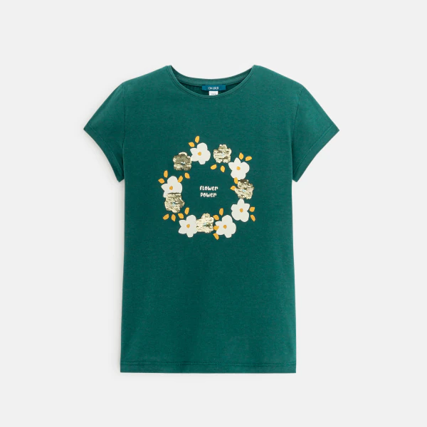 T-shirt à fleurs et sequins vert Fille