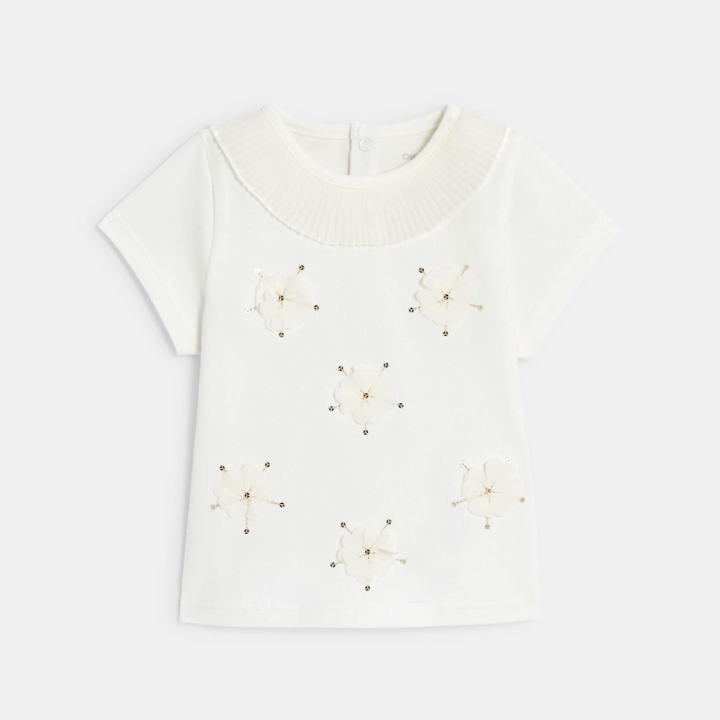 T-shirt fleurs brodées sequins blanc bébé fille T-shirt fleurs brodées sequins blanc bébé fille