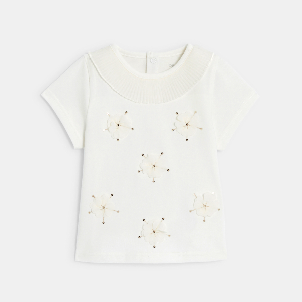 T-shirt fleurs brodées sequins blanc bébé fille T-shirt fleurs brodées sequins blanc bébé fille