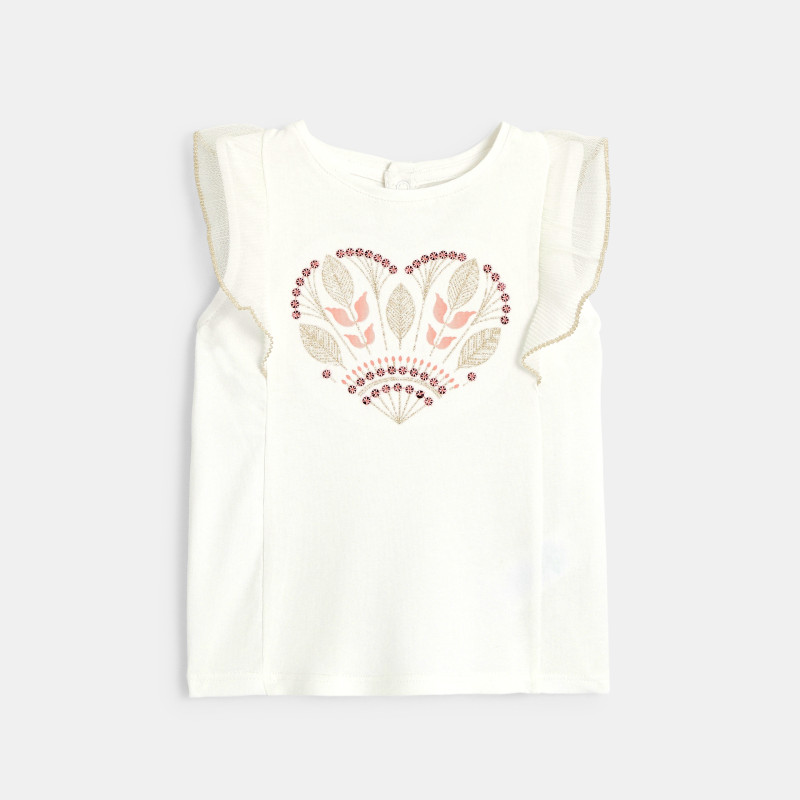 Baby girl's white embroidered T-shirt with ruffle sleeves Baby girl's white embroidered T-shirt with ruffle sleeves