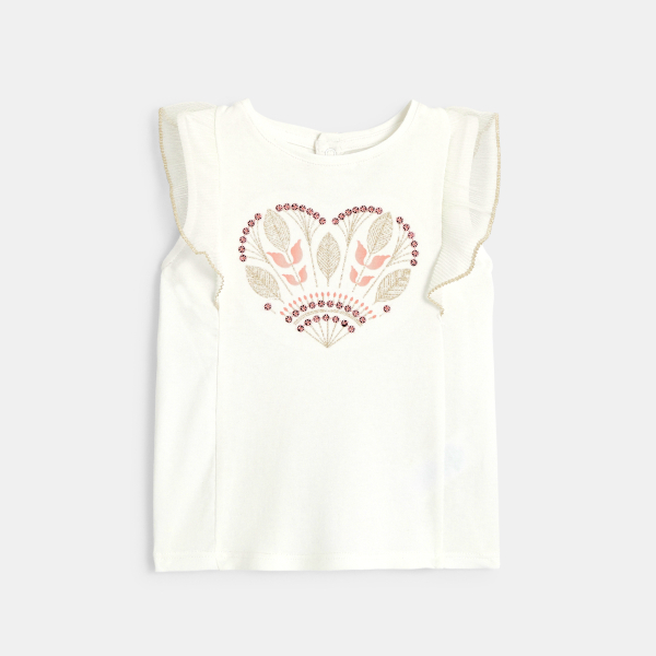 T-shirt brodé à manches volantées blanc bébé fille T-shirt brodé à manches volantées blanc bébé fille