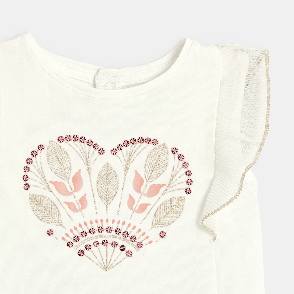 T-shirt brodé à manches volantées blanc bébé fille T-shirt brodé à manches volantées blanc bébé fille