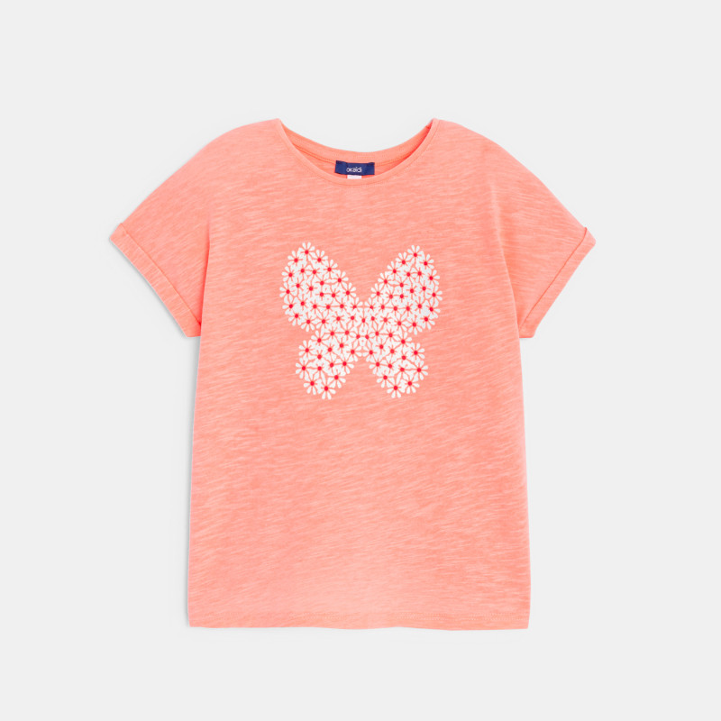 T-shirt manches courtes motif papillon rose-orangé Fille T-shirt manches courtes motif papillon rose-orangé Fille