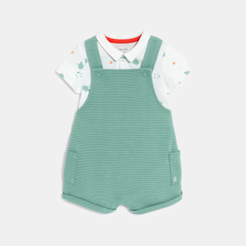 Salopette courte coton côtelé et body assorti vert bébé garçon