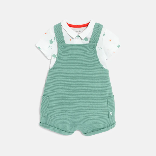 Salopette courte coton côtelé et body assorti vert bébé garçon