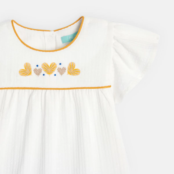 Blouse brodée coton fantaisie blanc bébé fille