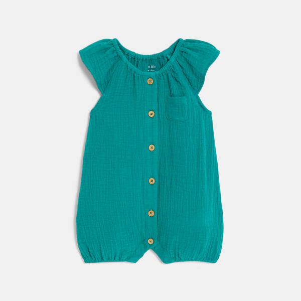 Combi courte gaze de coton vert bébé fille Combi courte gaze de coton vert bébé fille