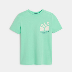 Boy's green T-shirt with a slogan motif on the back and front
