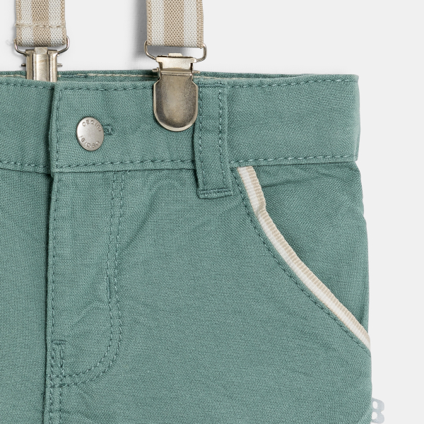 Short à bretelles coton effet lin vert bébé garçon Short à bretelles coton effet lin vert bébé garçon