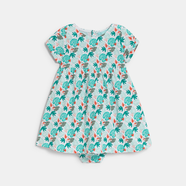 Robe en jersey de coton imprimé tropical vert bébé fille Robe en jersey de coton imprimé tropical vert bébé fille