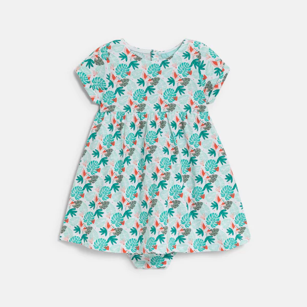 Robe en jersey de coton imprimé tropical vert bébé fille