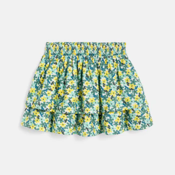 Jupe courte volantée motif fleuri vert Fille