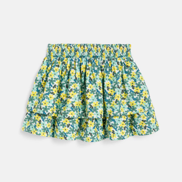 Jupe courte volantée motif fleuri vert Fille