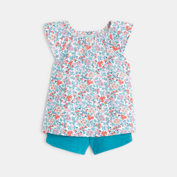 Blouse fleurie et short bleu bébé fille