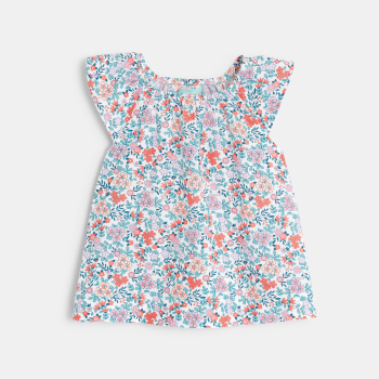 Blouse fleurie et short bleu bébé fille