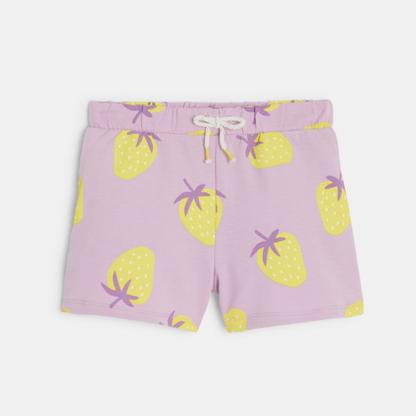 Girl's mauve fleece shorts with strawberry motif Girl's mauve fleece shorts with strawberry motif