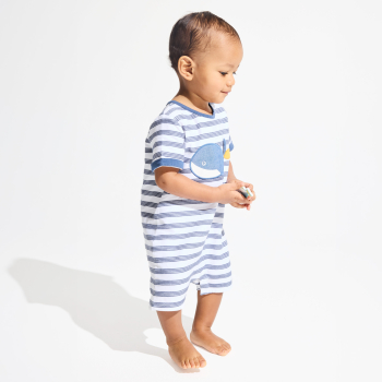 Baby boy's blue striped whale romper suit