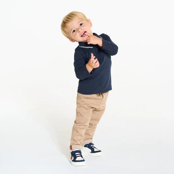 Polo piqué uni manches longues bleu bébé garçon